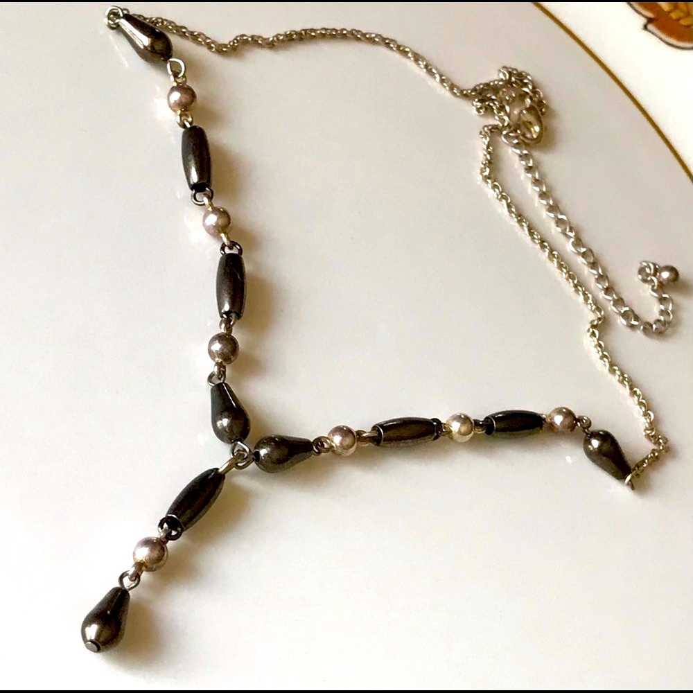 Lariat Pewter Bead Necklace Silver Tone Jewelry